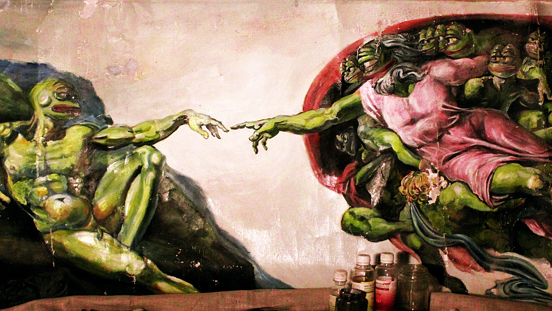 The Creation of Pepe by Olga Vishnevsky (based on Michelangelo's The Creation of Adam).