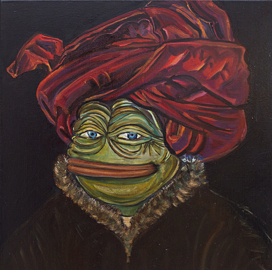 Portrait of Pepe wearing a red turban (based on a portrait by Jan van Eyck).