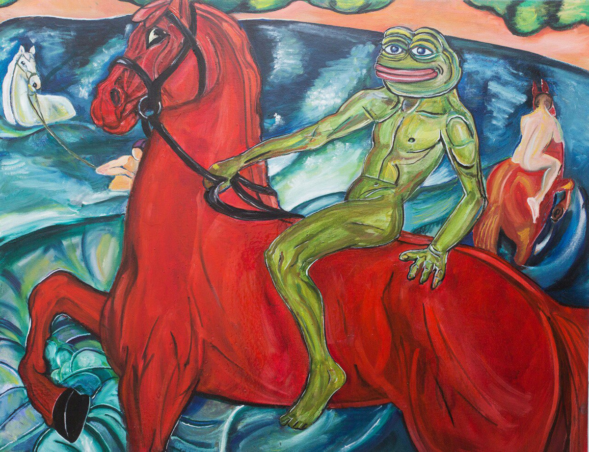 Pepe the Frog Bathing of the Red Horse (mocking Bathing of the Red Horse by  Kuzma Petrov-Vodkin). 