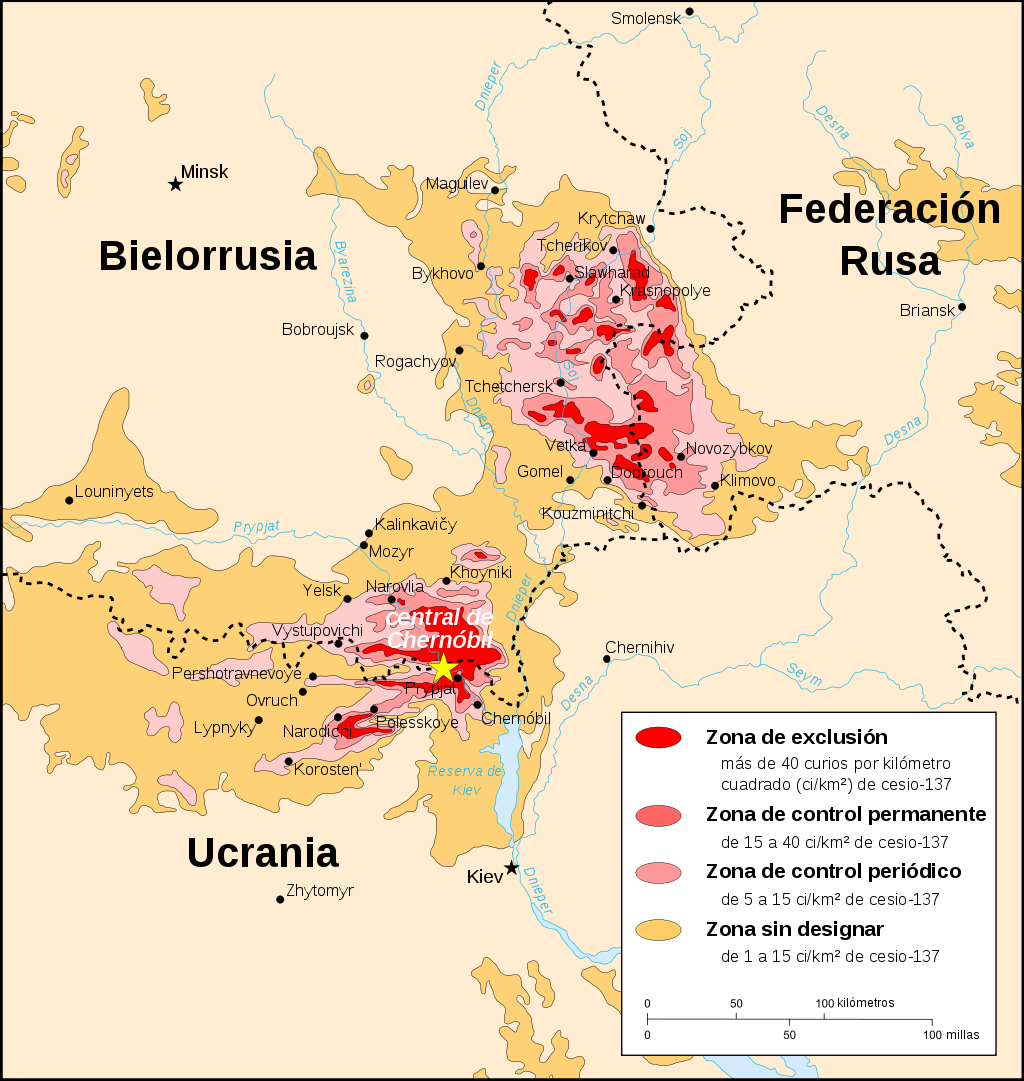 Mapa que muestra la contaminación por cesio-137 en Bielorrusia, Rusia y Ucrania.