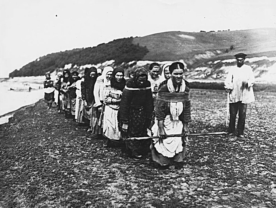 Жени-бурлаци теглят баржа на р. Сура, 1910