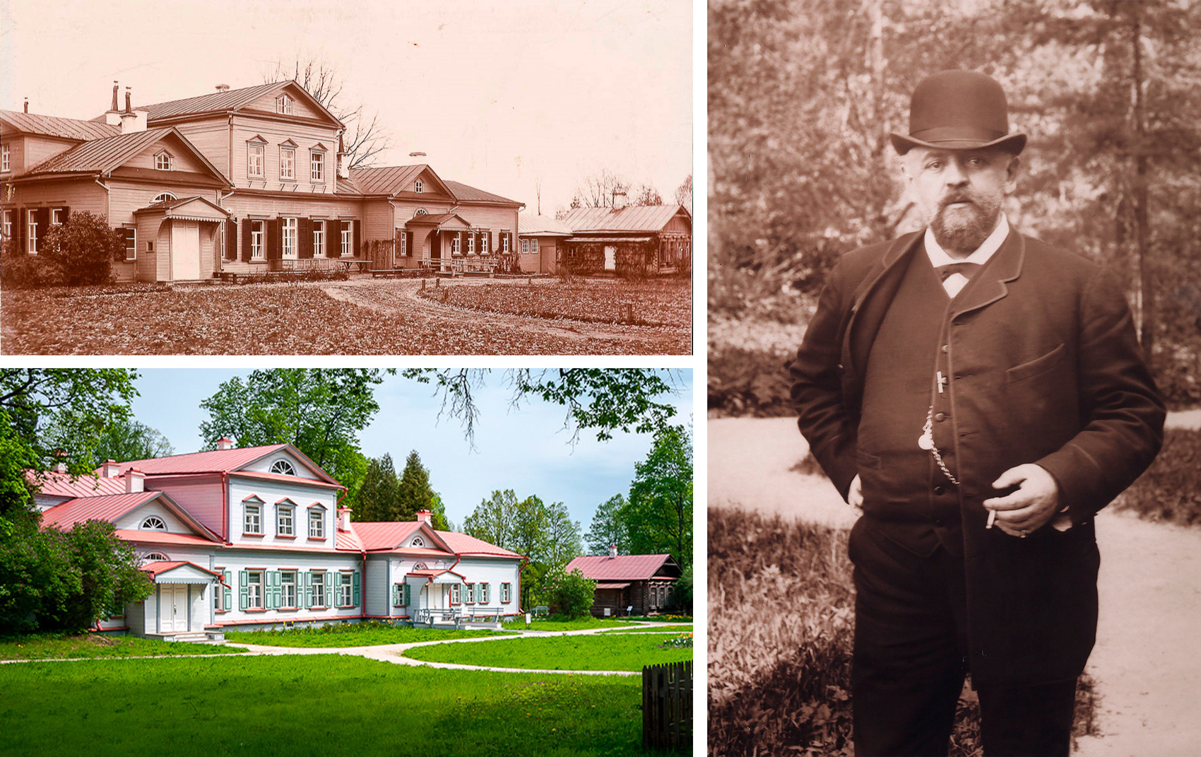 本館（左上： 1900年代、左上：現代）、右：サーヴァ・マモントフ。