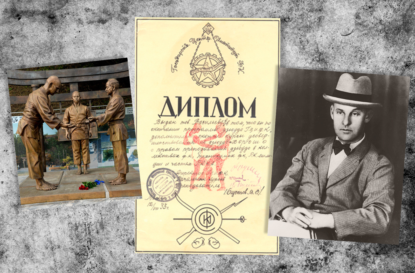 左：ワシリー・オシェプコフの記念像。中央：ワシリー・オシェプコフがサインした卒業証書。右：ワシリー・オシェプコフ。