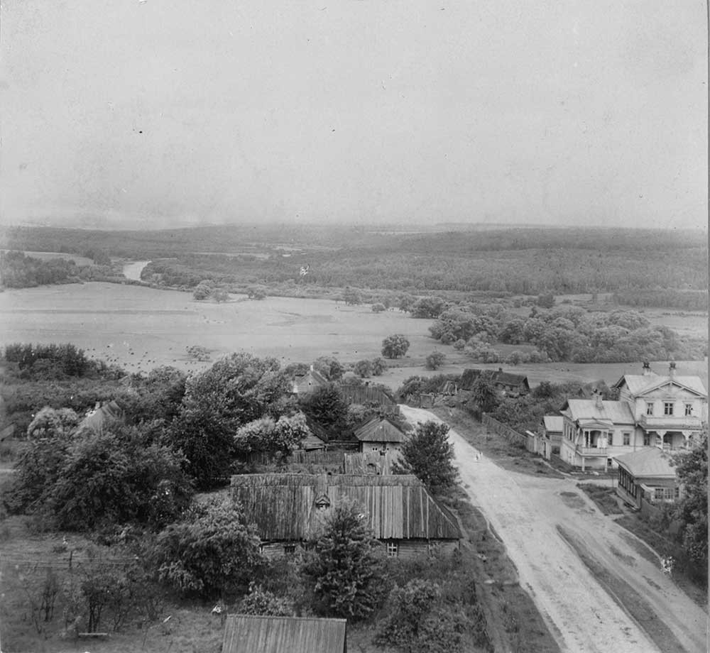 View of  Maloyaroslavets battlefield photographed from bell tower of Cathedral of Kazan Icon of the Virgin. St. John's Meadow & Luzha River. Summer 1912