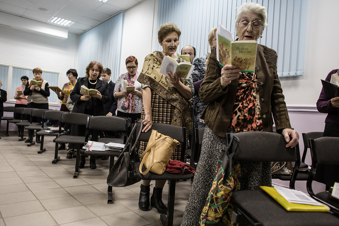 Jehovah's witnesses sing songs during the meeting in Rostov-on-Don. 
