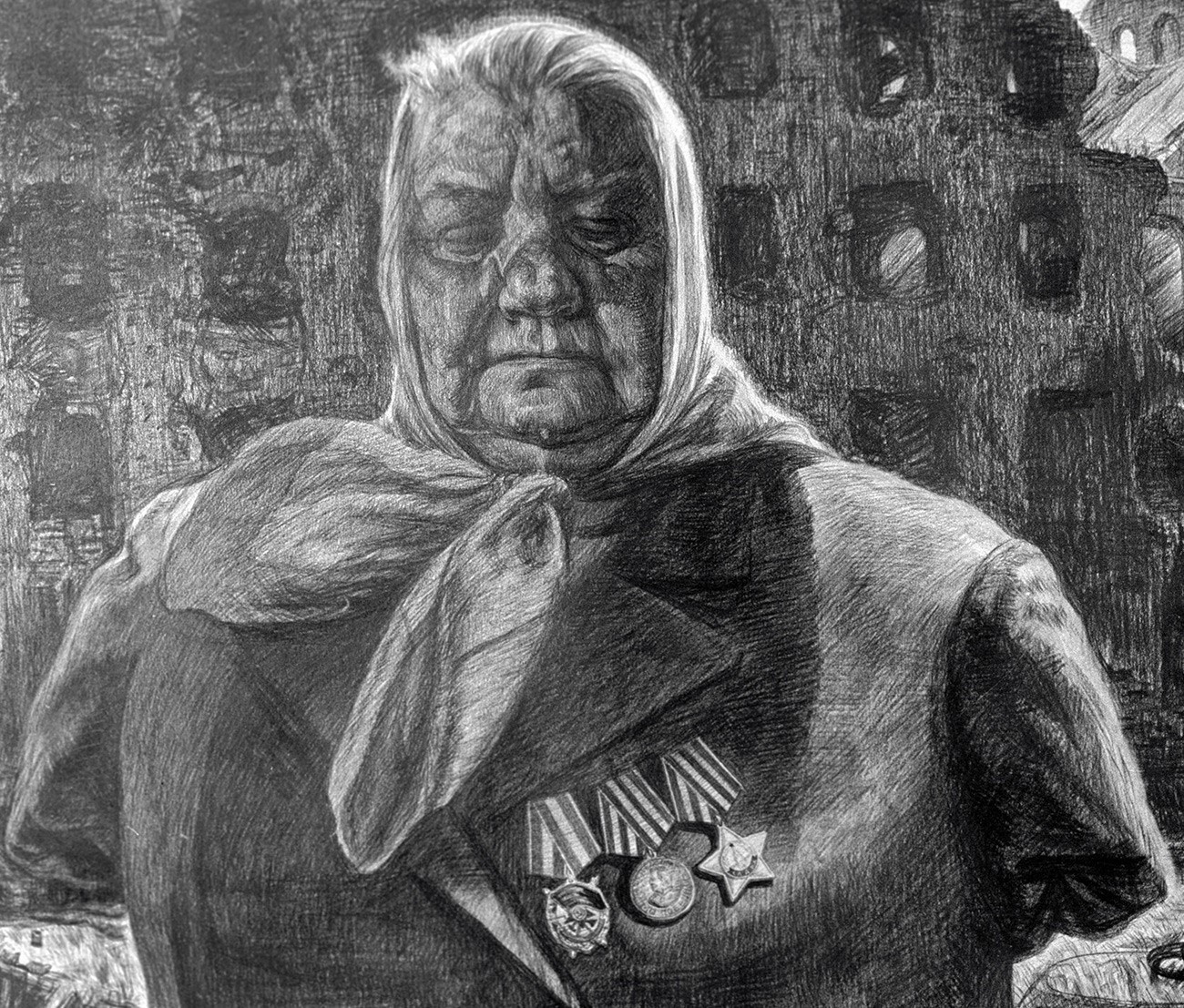 Genadij Dobrov, serija »Avtogrami vojne«. Bivša vojaška radiooperaterka Julija Emanova iz Stalingrada, ki je izgubila okončine, sluh in vid.