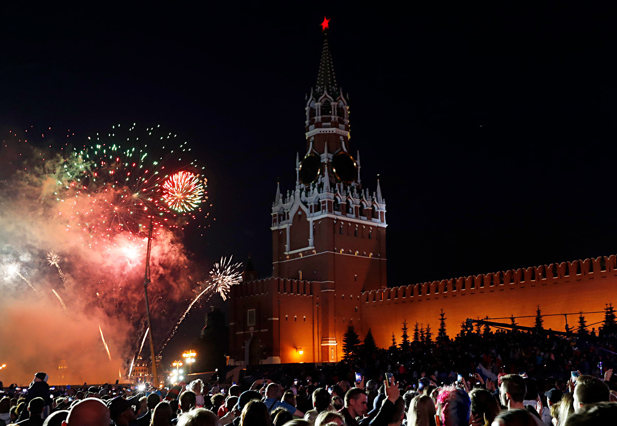 Fireworks go off over Moscow's Red Square to mark Russia Day.