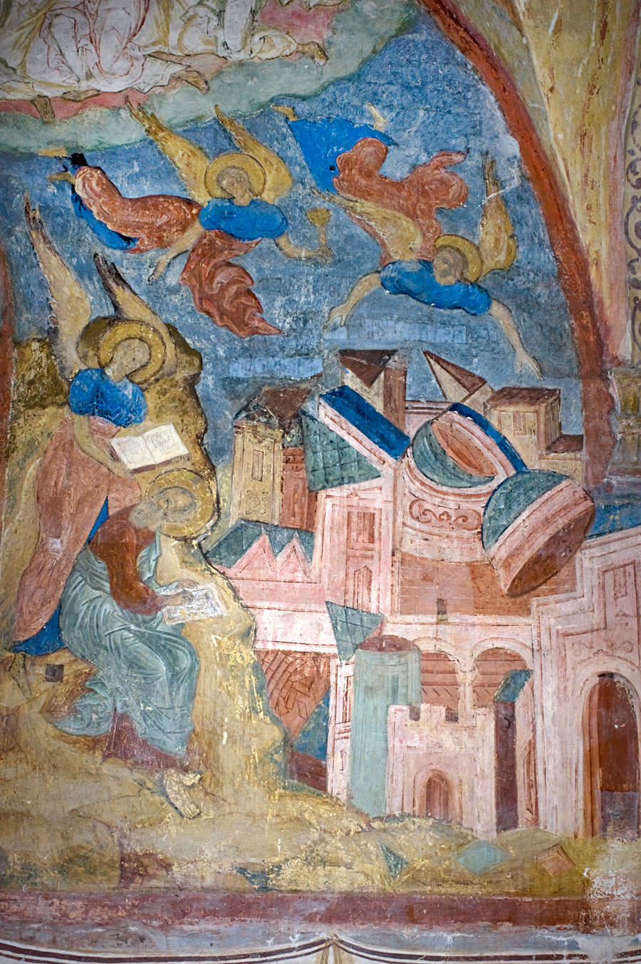 St. Kirill Belozersk Monastery. Dormition Cathedral, north gallery. East wall with Apocalypse fresco: Destruction of Babylon & St John with angel writing Book of Revelation. June 2, 2014.
