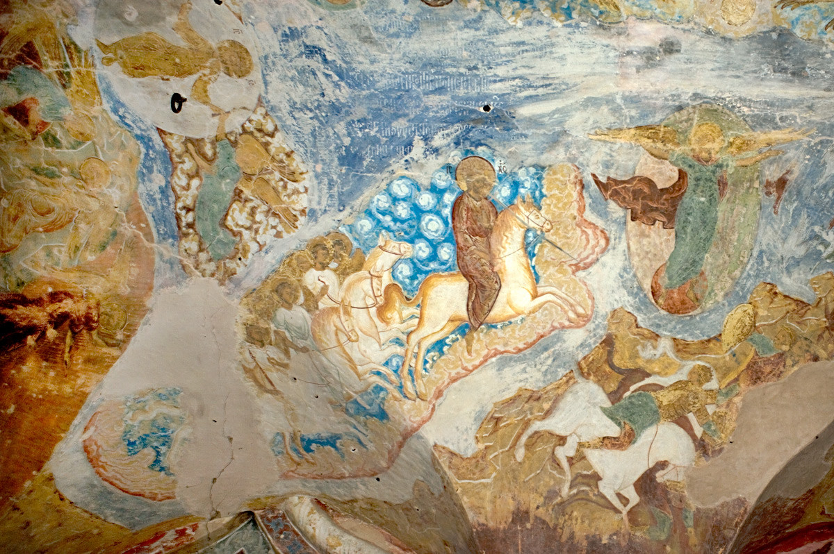  St. Kirill Belozersk Monastery. Dormition Cathedral, north gallery. Ceiling Apocalypse fresco over north cathedral portal: Christ & angels on white horses at Armaggedon. June 2, 2014.