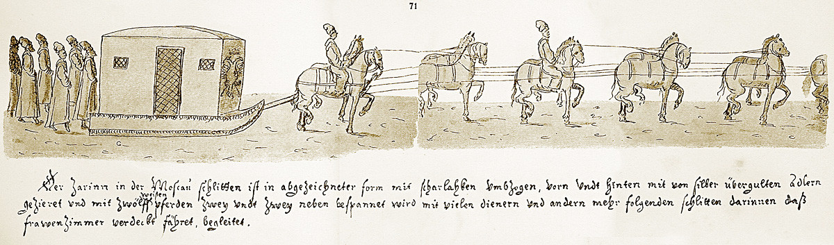 Tsarina's winter carriage and suite, a 17th-century engraving.