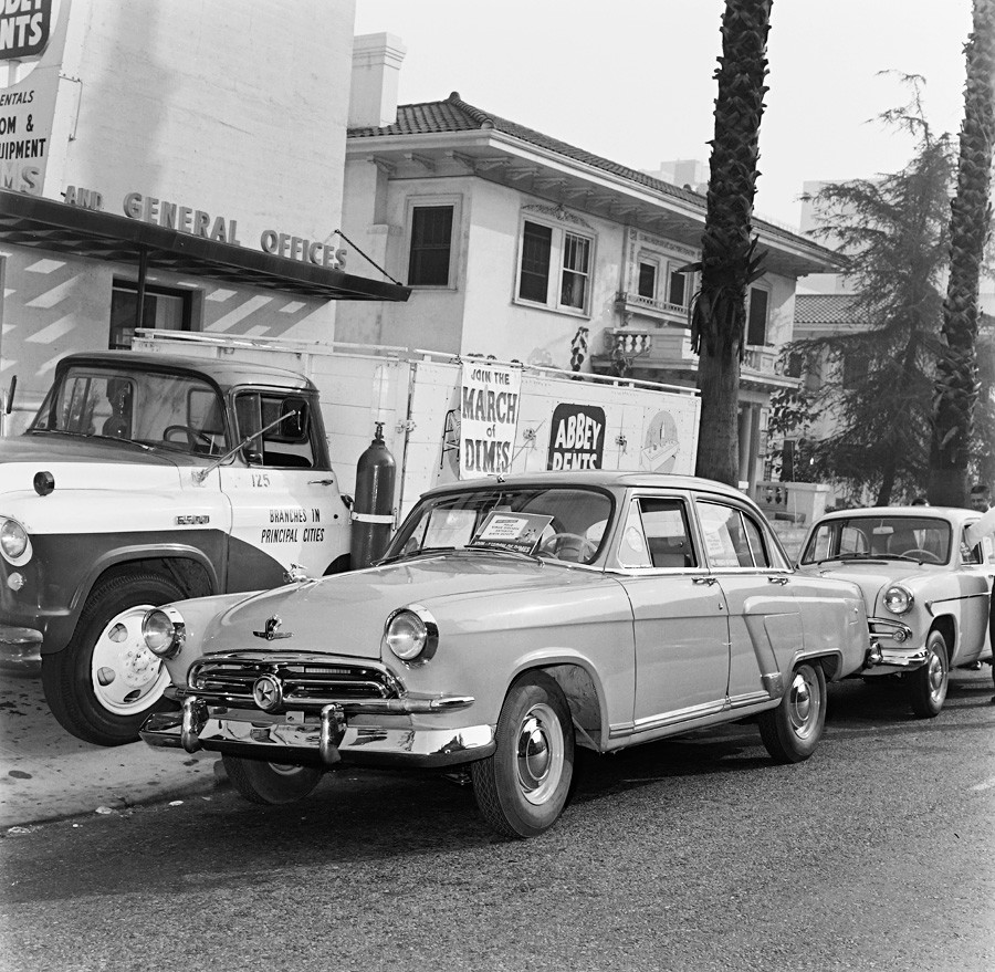 Russian Moskvitch—an unusual site on the streets of Los Angeles. 1958
