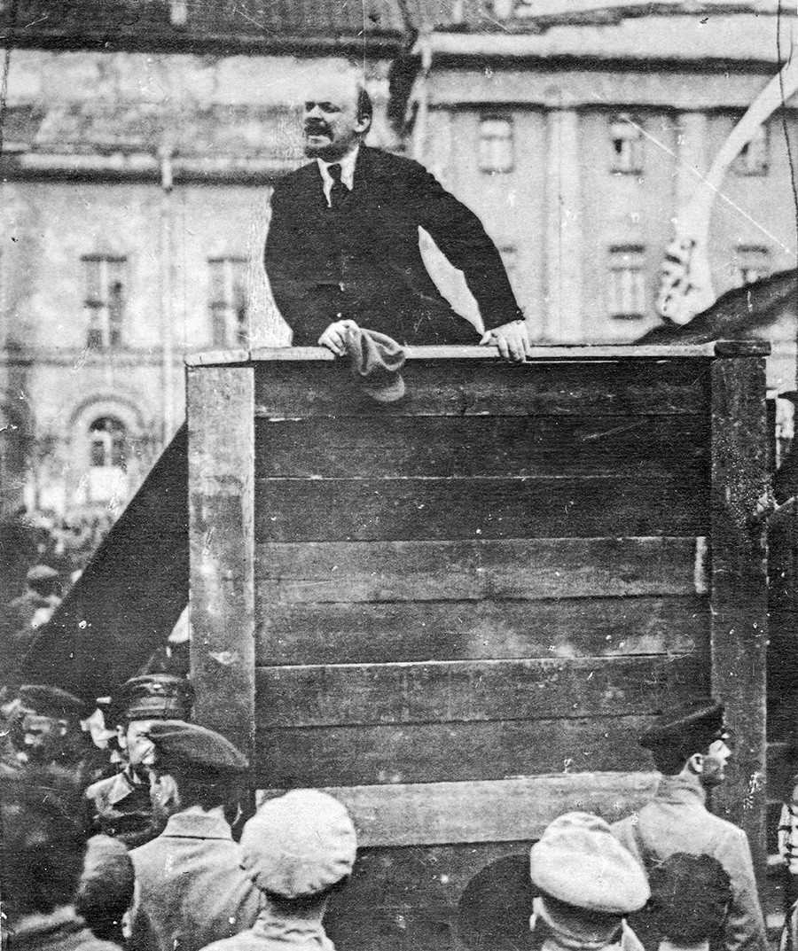 Vladimir Lenin speaks at a meeting.