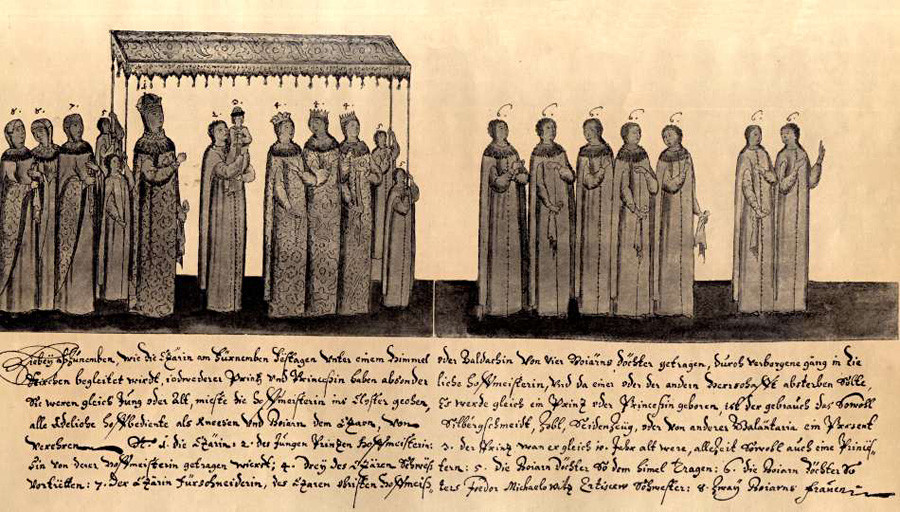 Tsarina e seu séquito durante cerimônia em gravura do século 17.

