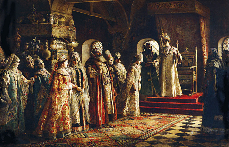 “Exposição de noivas do tsar Aleksêi Mikháilovitch (Aleixo da Rússia)”, 1886, Konstantin Makovski.