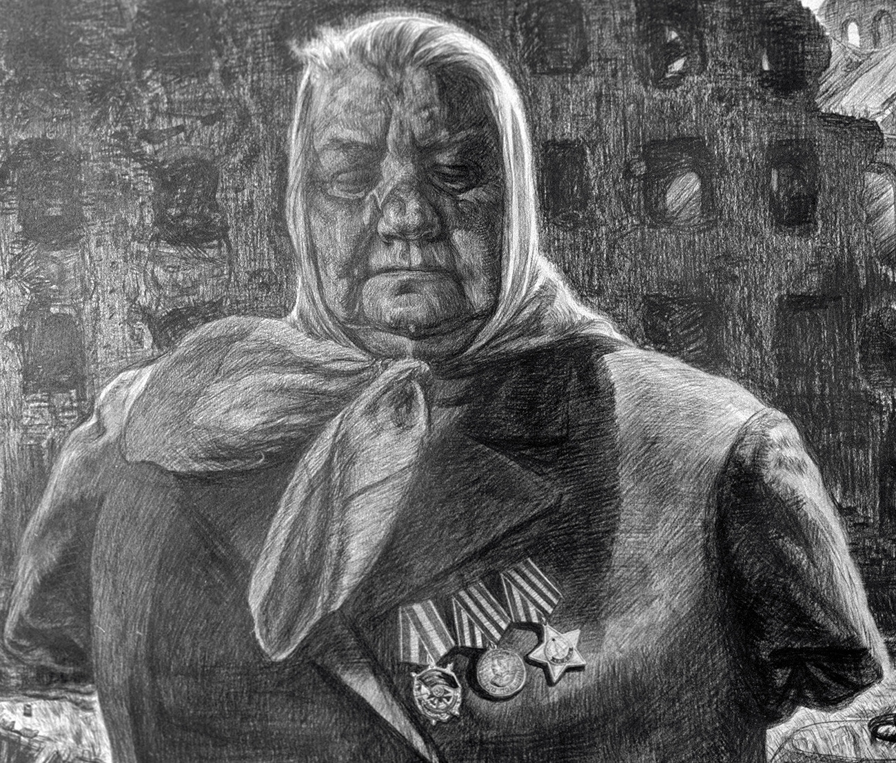 „Verbrannte durch den Krieg“ von Gennadij Dobrow: die ehemalige Militärfunkerin Julia Jemanowa aus Stalingrad, die ihre Gliedmaßen, Gehör und Sehkraft verloren hat