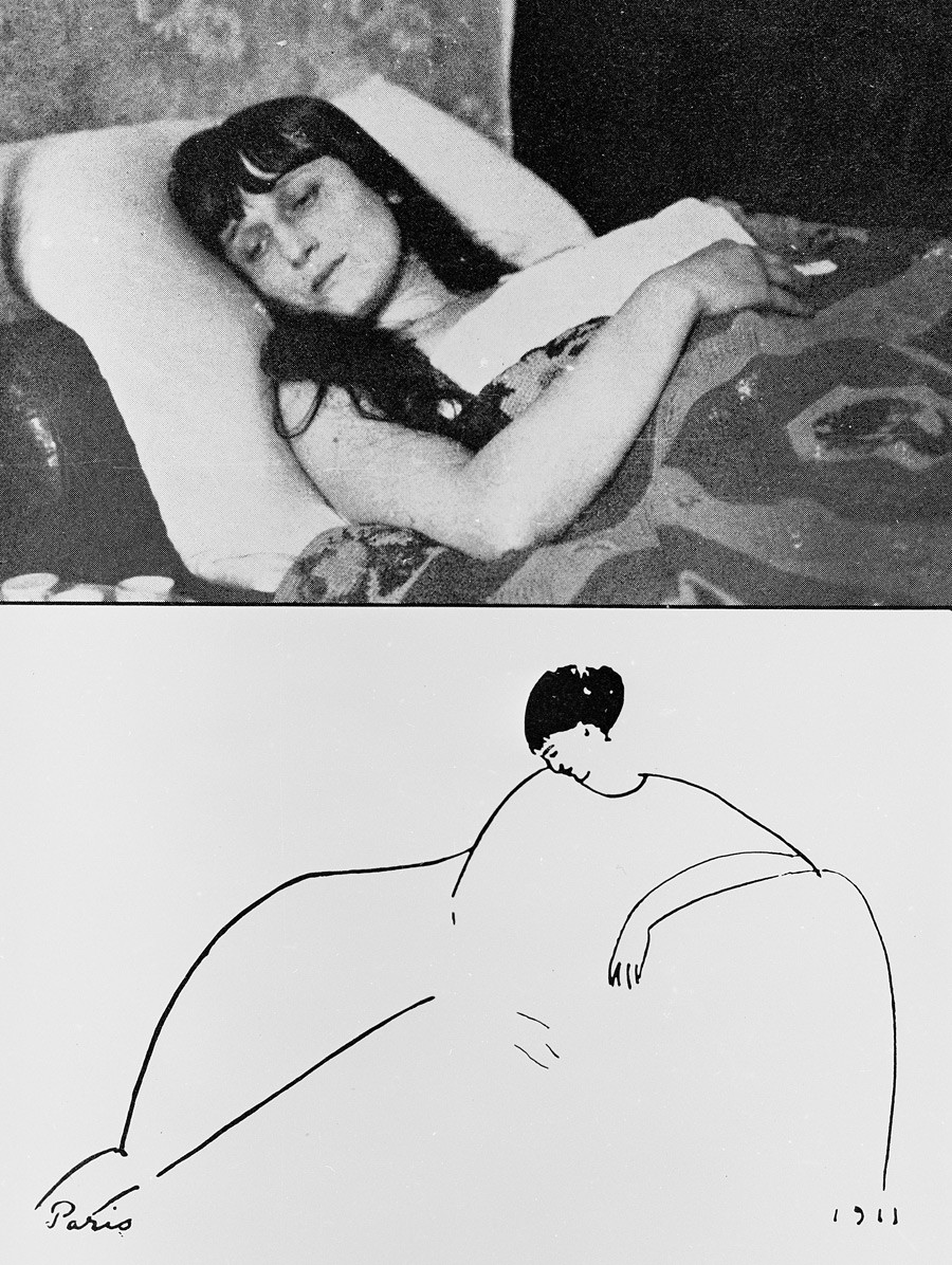 Above: Anna Akhmatova circa 1920, below: the drawing of her by Amadeo Modigliani, 1911