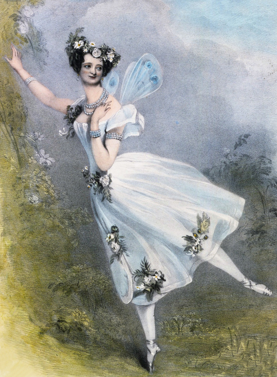 Marie Taglioni como a personagem Flore, no balé de Charles Didelot “Zephire et Flore”. Litografia colorida à mão, datada por volta do ano de 1831.