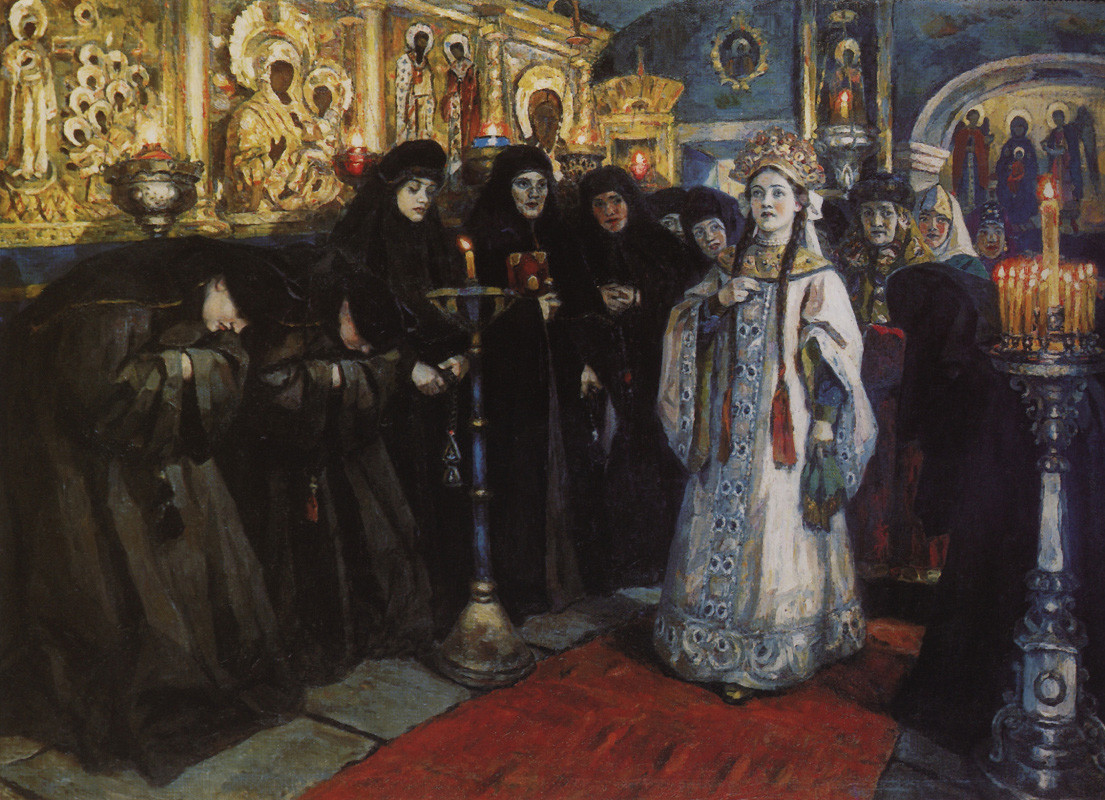 「女性修道院を訪問する皇后」、1912年、ワシリー・スリコフ