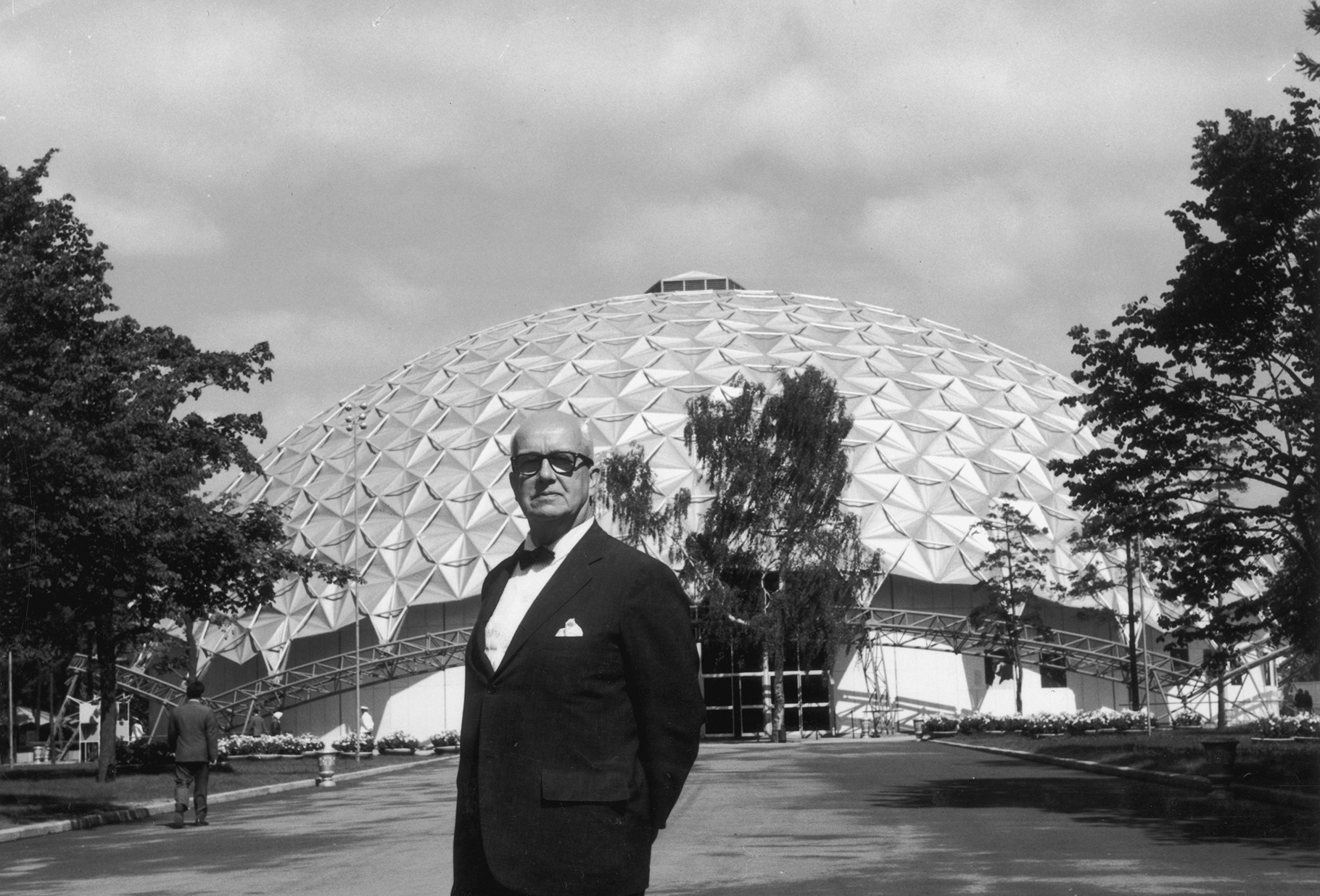 American architect and inventor Richard Buckminster Fuller posing in front of the 'golden dome' that he helped to project - and that became a real eye-catcher in Moscow.