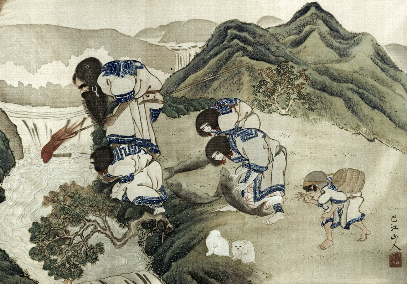 Старинная картина неизвестного японского художника, изображающая айнов на рыбалке