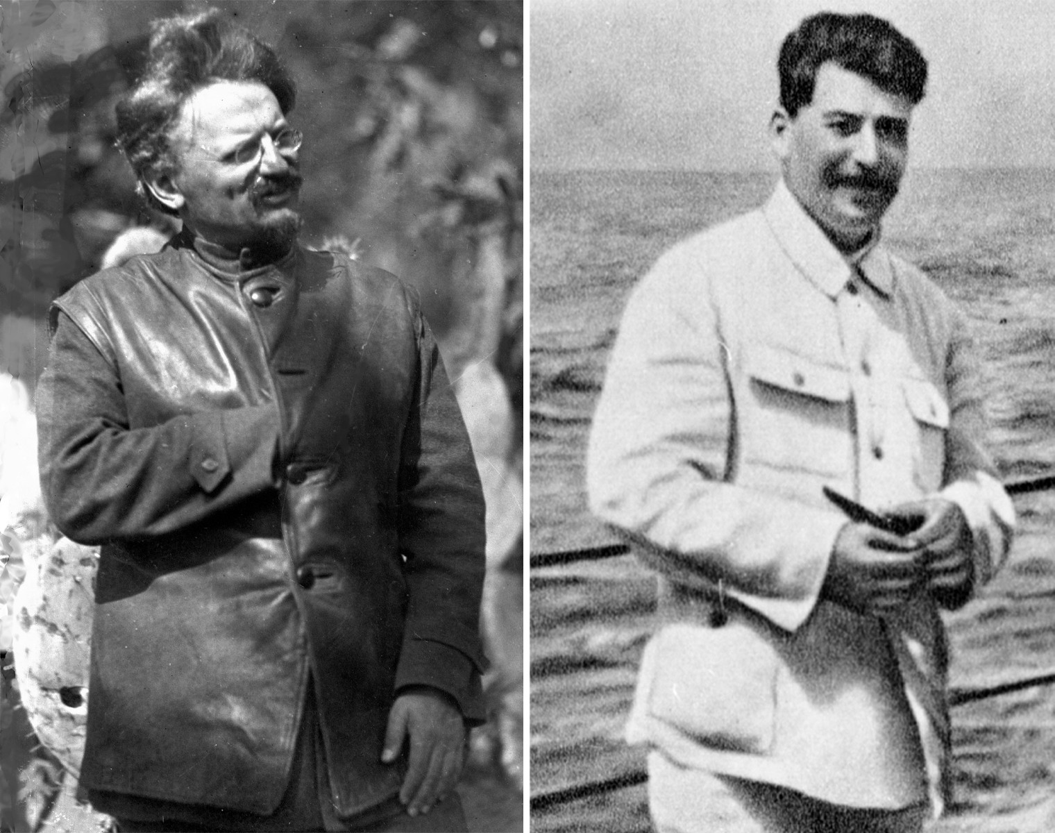 Léon Trotski (gauche) en 1928, peu de temps avant son exil de l'URSS. Joseph Staline (droite) en 1929