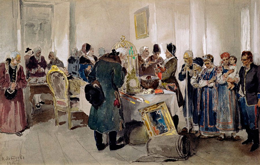 'Serf auction in the 18th century' by K. Lebedev
