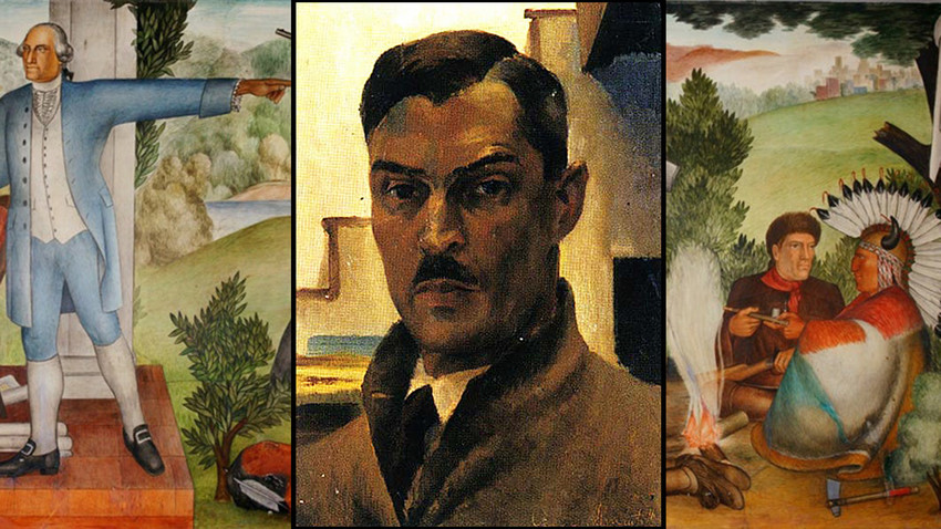 Victor Arnautoff's self-portrait against the background of his mural. 