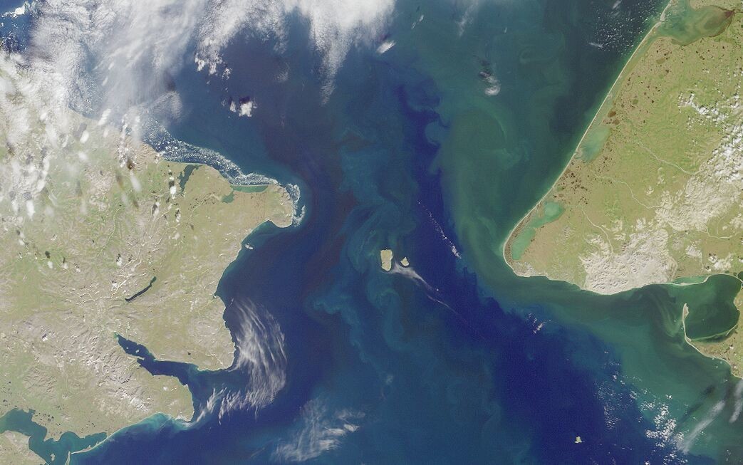 The Bering Strait, separating Siberia from Alaska in the North Pacific. Diomede islands can be seen in the center of the picture.
