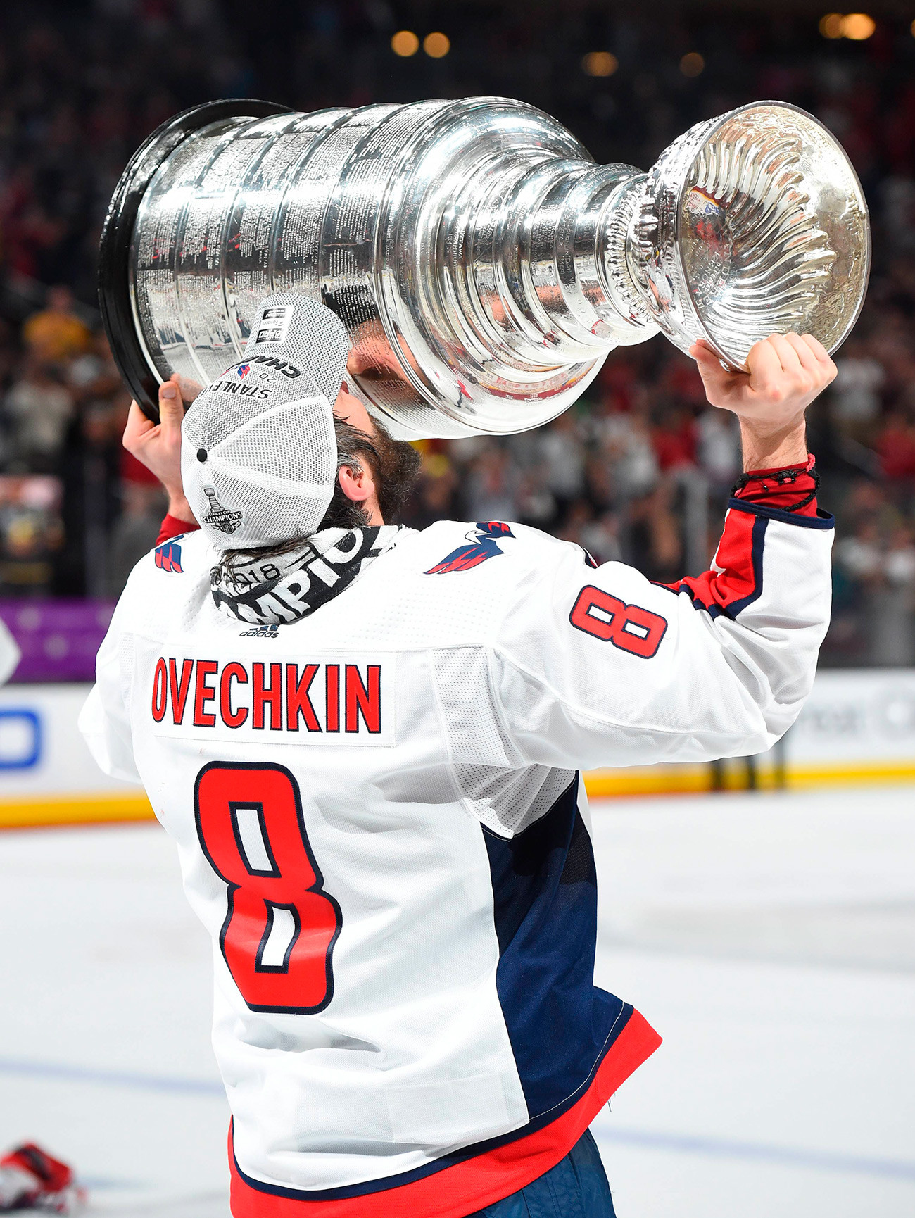 Washington Capitals Left Wing Alex Ovechkin (8) kisses the Stanley Cup to celebrate defeating the Las Vegas Golden Knights 4-3 during game 5 of the Stanley Cup Final between the Washington Capitals and the Las Vegas Golden Knights on June 07, 2018 at T-Mobile Arena in Las Vegas, NV.