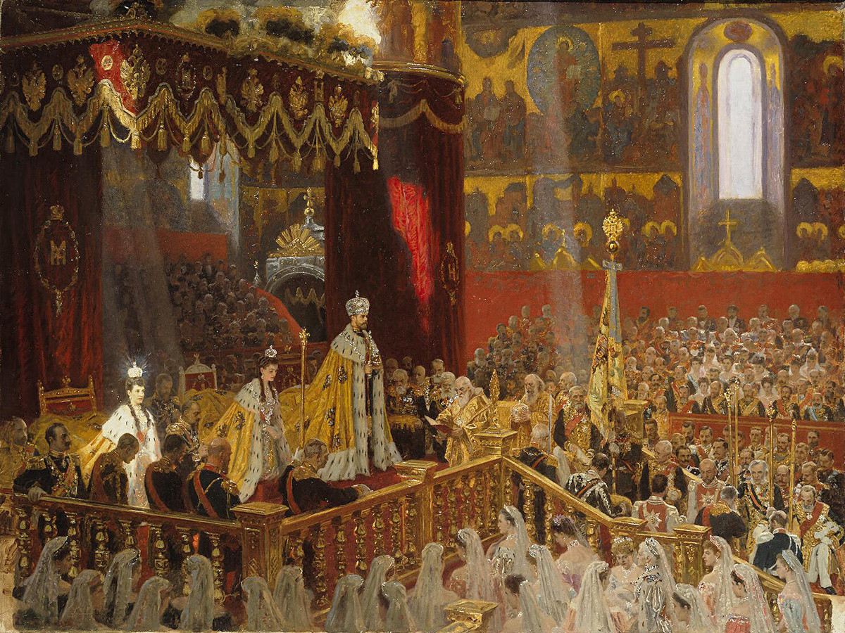 Lukisan penobatan Nikolay II dan Aleksandra Fyodorovna pada 1896 oleh Laurits Tuxen.