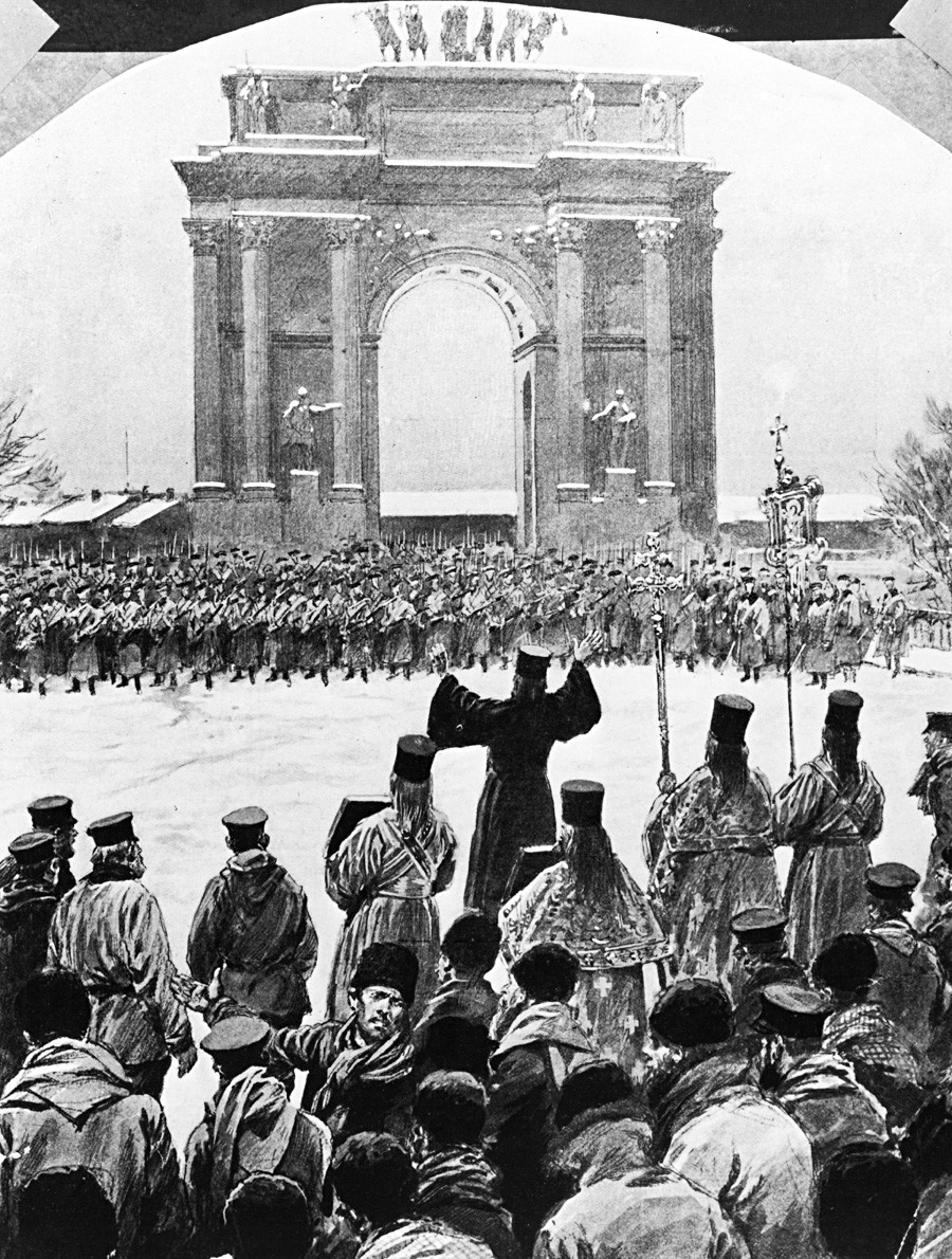 9. јануара 1905. отац Гапон и његови следбеници изненада се суочавају са трупама испред Зимског дворца у Петербургу.