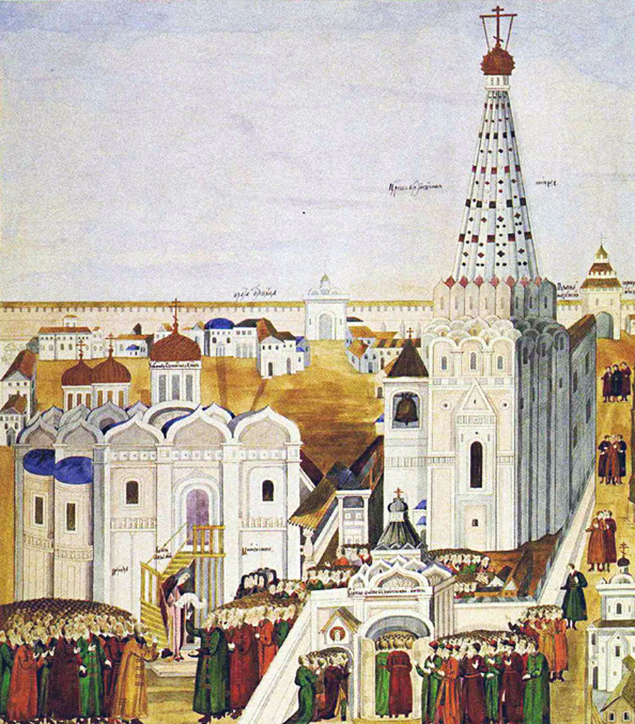 20 Februari 1613. Sebuah dekrit tentang Dinasti Romanov yang baru dibacakan di Kremlin Moskow. Miniatur abad ke-17.