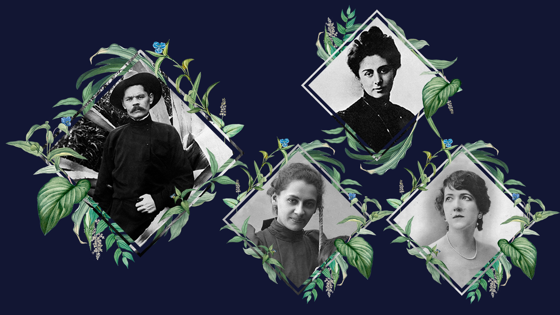 L-R : Maxim Gorki, Ekaterina Pechkova, Maria Andreïeva, Moura Budberg