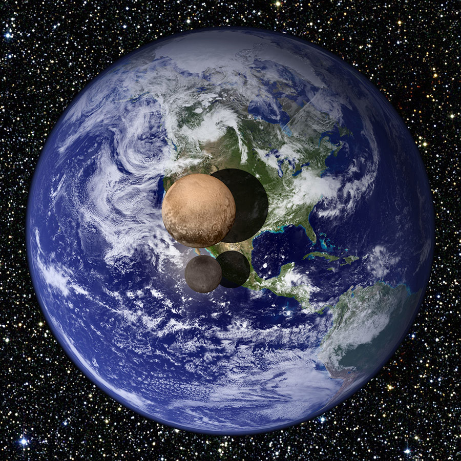 Pluton in njegov naravni satelit Haron v primerjavi z Zemljo