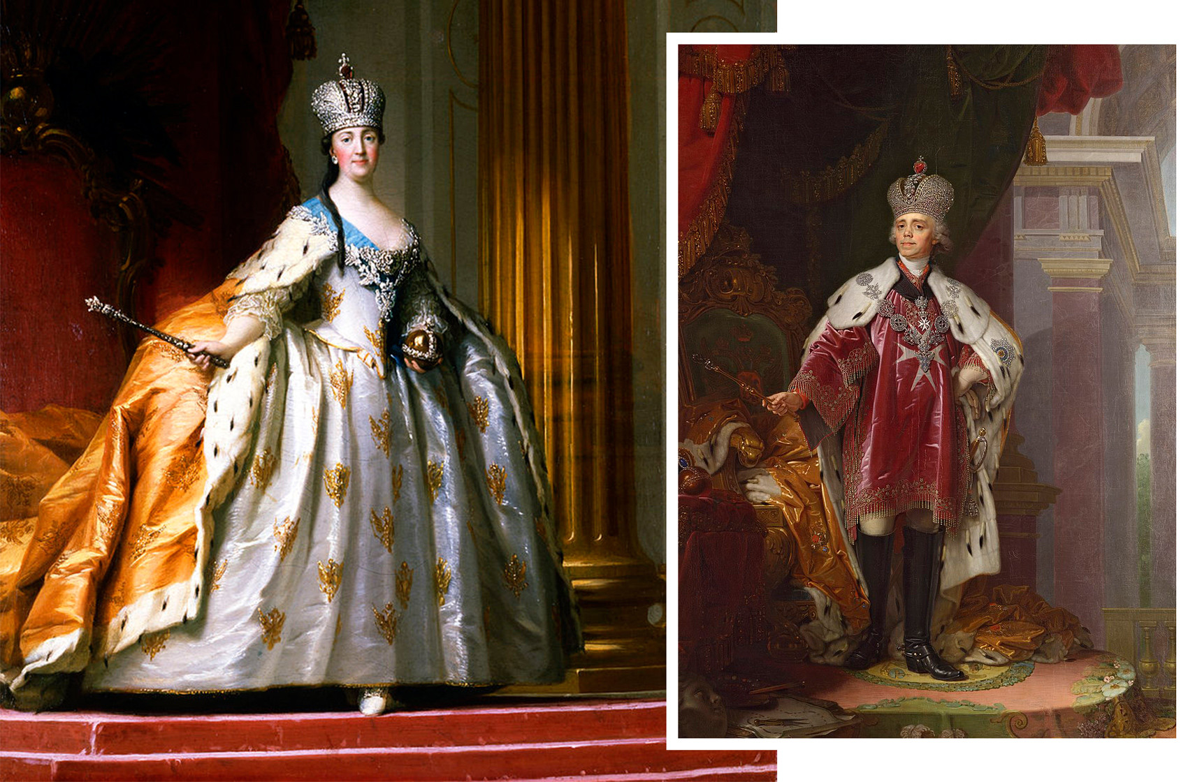 L'impératrice Catherine II et l'empereur Paul Ier portant la Grande couronne impériale.