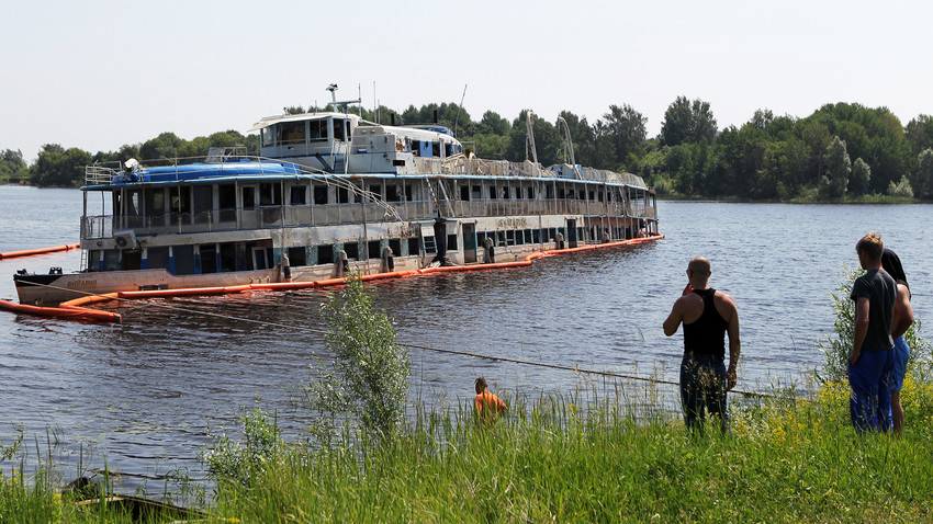 Bulgaria cruise boat anchored at Kuibyshevsky Zaton village, Kama-Ustinsky District, Tatarstan.