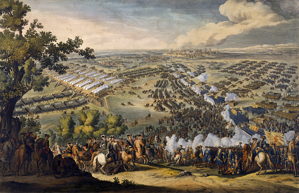 ‘Pertempuran Poltava’, ukira F. Simon berdasarkan karya asli D. Marten.