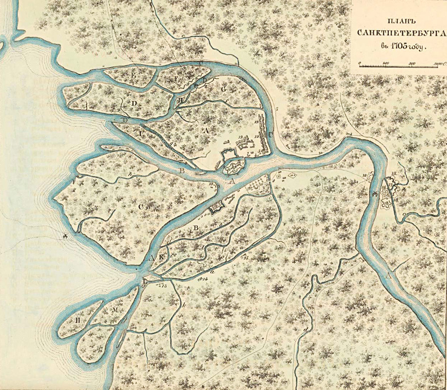 План на Санкт Петербург от 1705 г. Историческа реконструкция от 1850-те