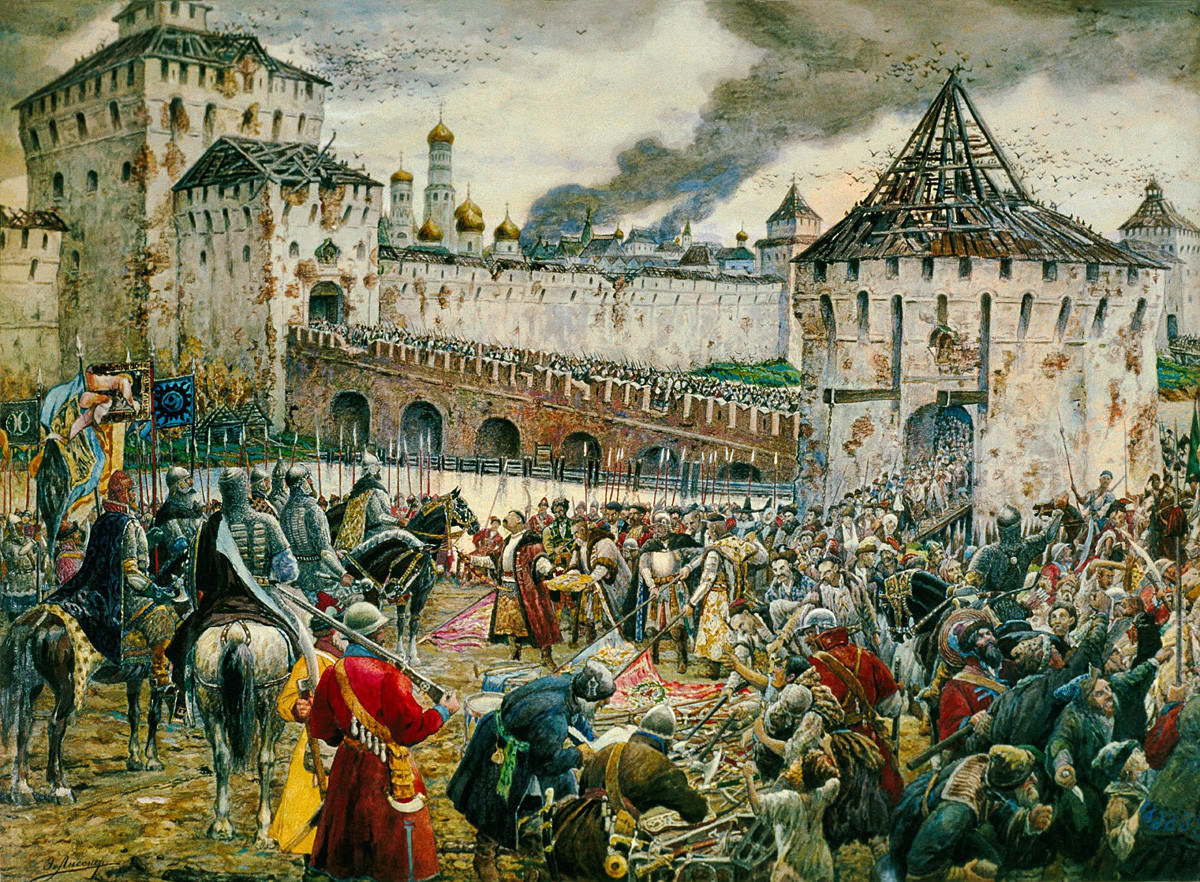ポーランド軍がモスクワのクレムリンをドミトリー・ポジャルスキー公に引き渡す。画家：エルヌスト・リッスナー。
