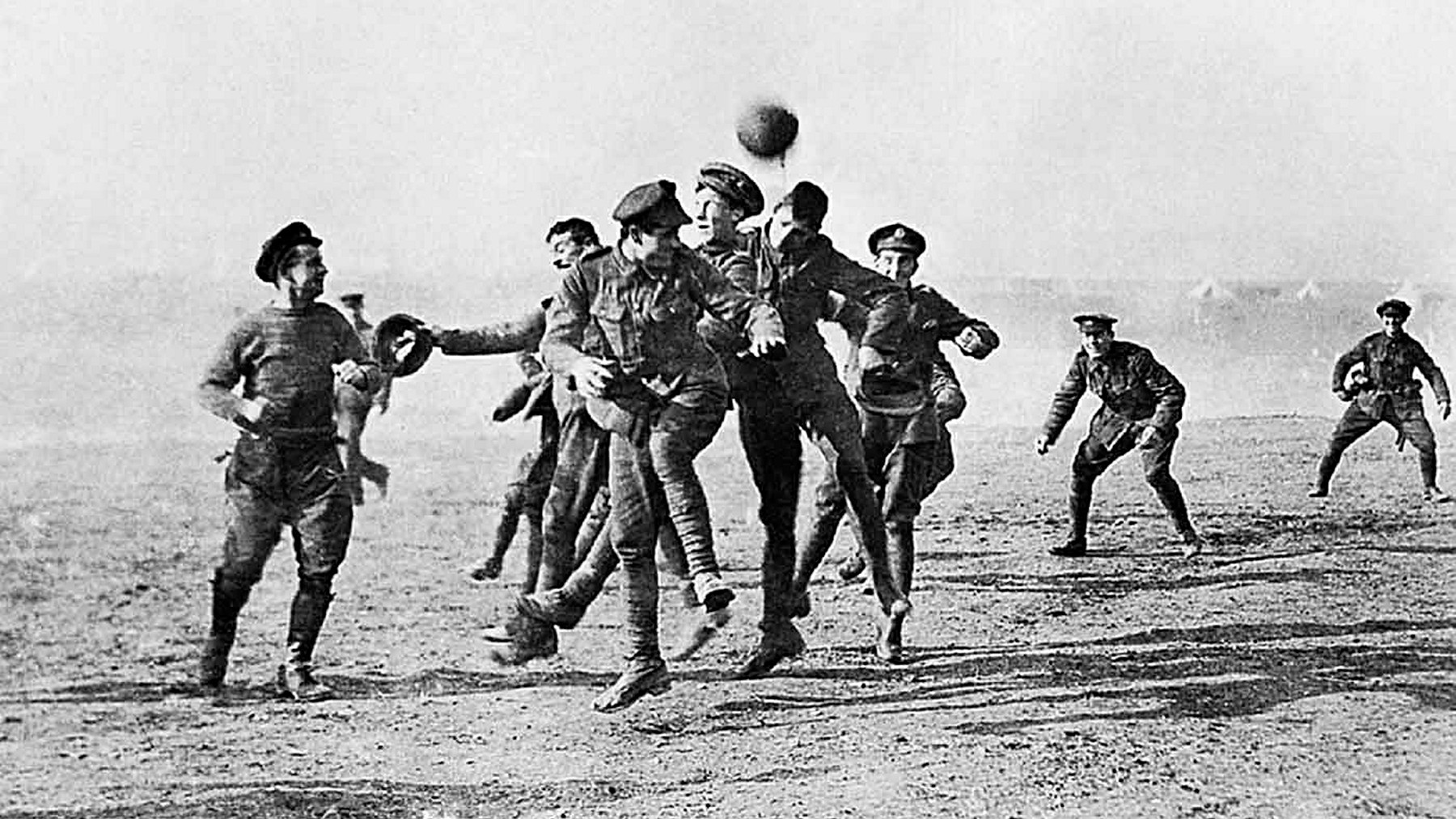 Photograph of soldiers playing football in No-Man's Land during the Christmas Truce. Dated 1914