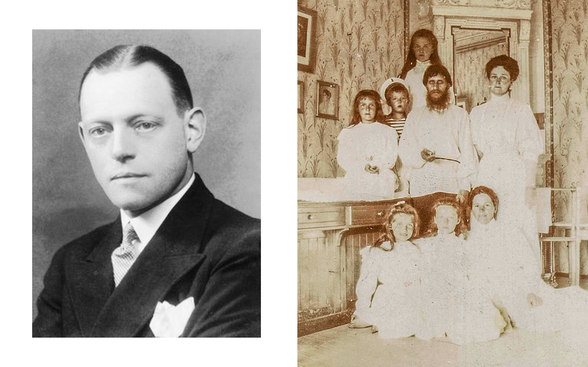 Left: Oswald Rayner. Right: Rasputin with the Romanov family