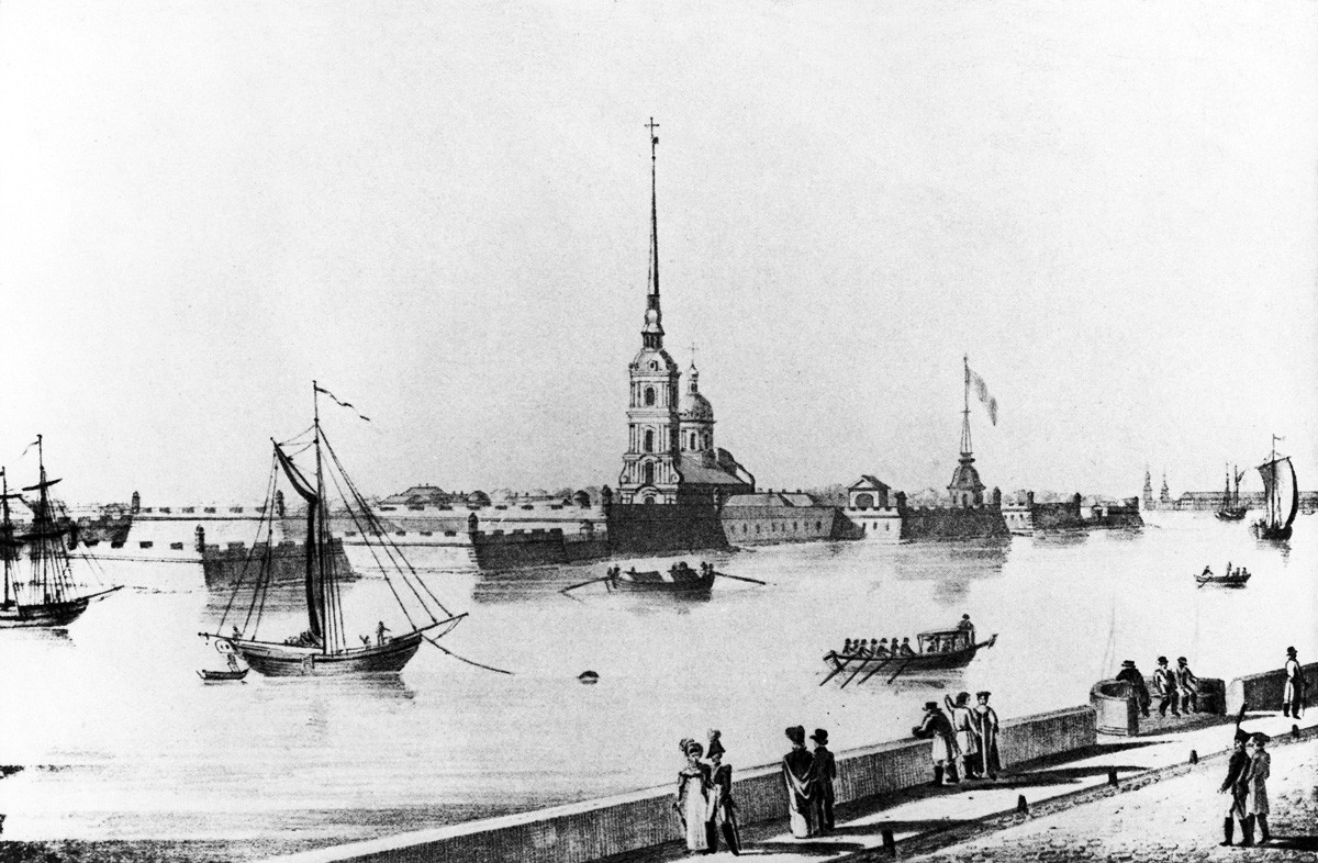 Гравюра XIX века - лодки на Неве на фоне Петропавловской крепости