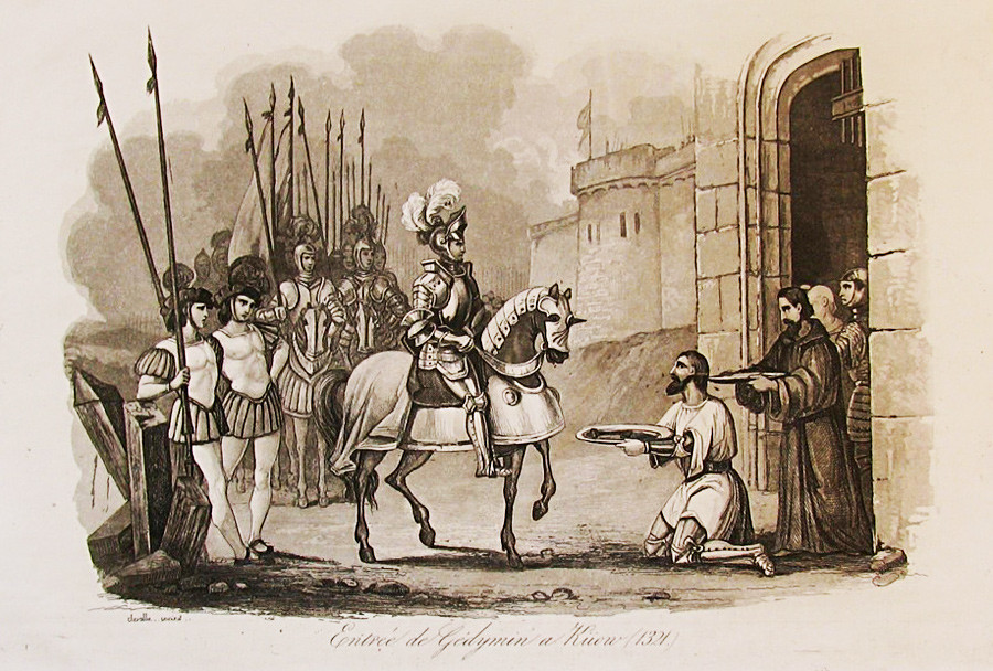 Гедимин влегува во Киев. Слика од една книга на Ленард Хоџак (1824 година).
