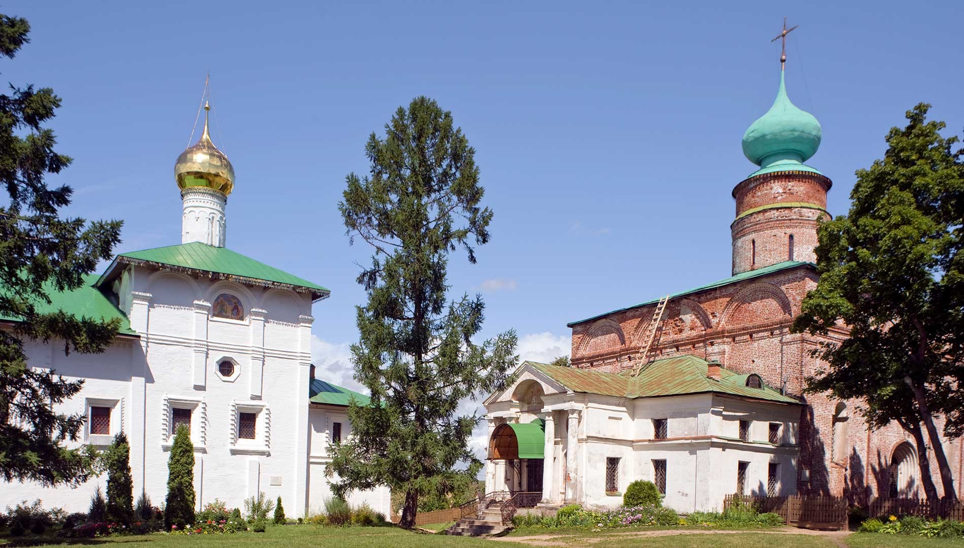 Monastery of Sts. Boris & Gleb. Church of the Annunciation (left), Cathedral of Sts. Boris & Gleb, southwest view. July 6, 2019