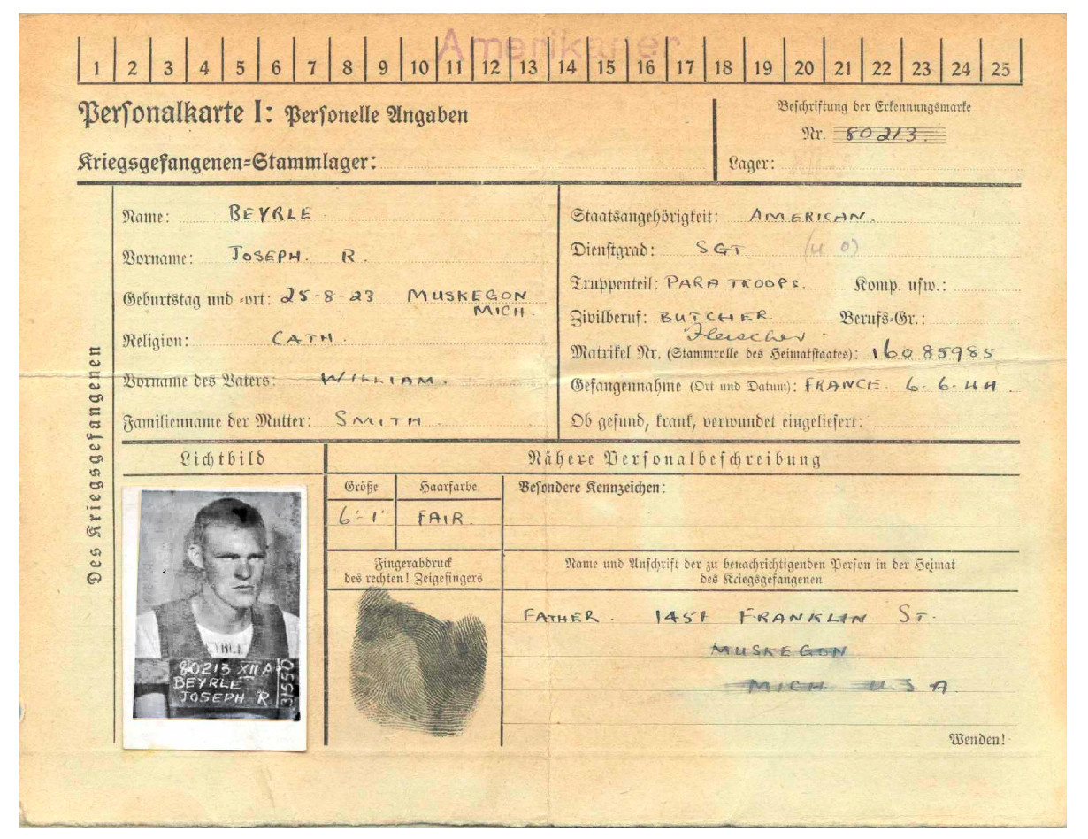 The German record with Beyrle's details as a prisoner of war.