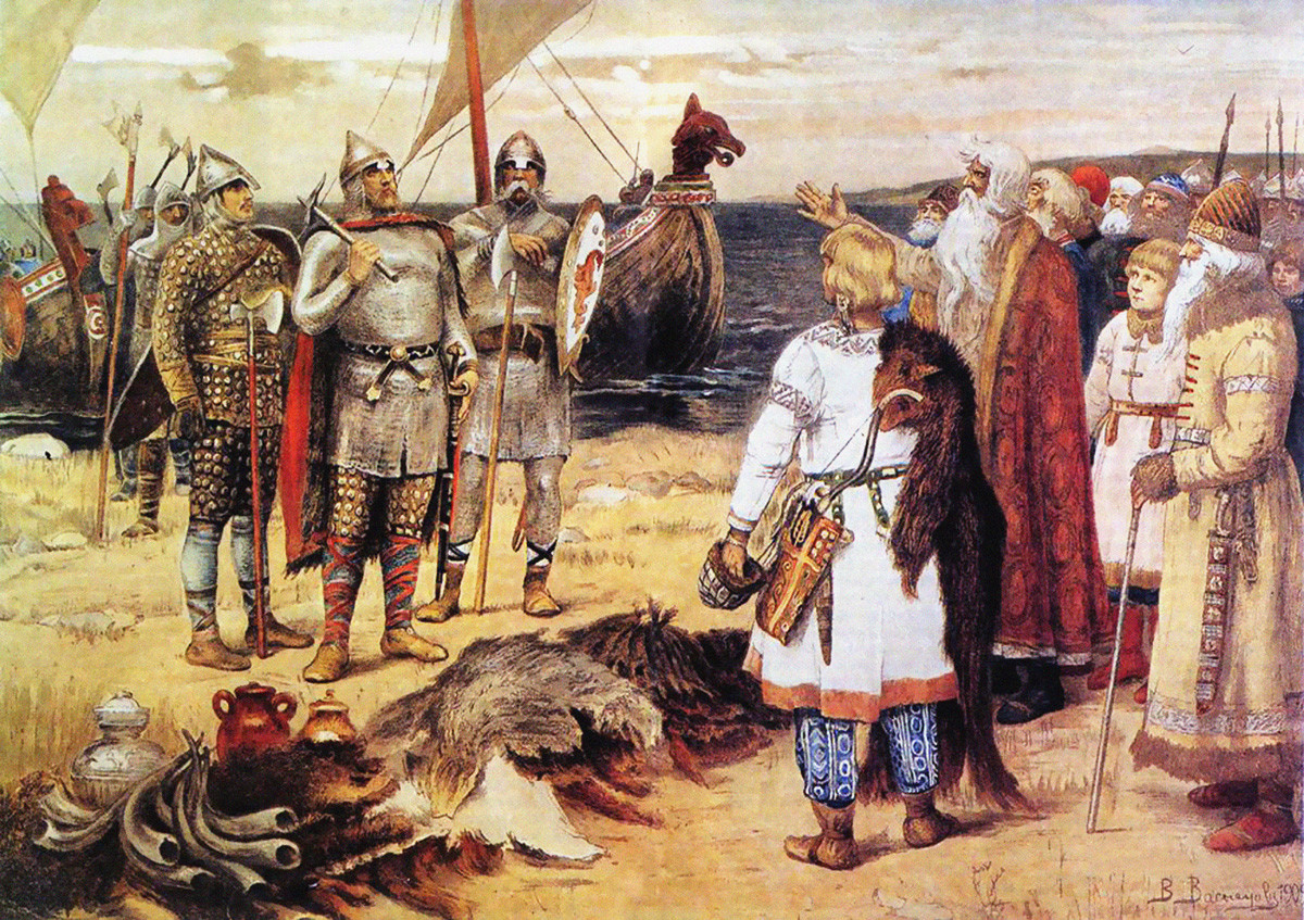 ‘La invitación de los varangios: Riúrik y sus hermanos llegan a Stáraia Ládoga’, obra de Víktor Vasnetsov.
