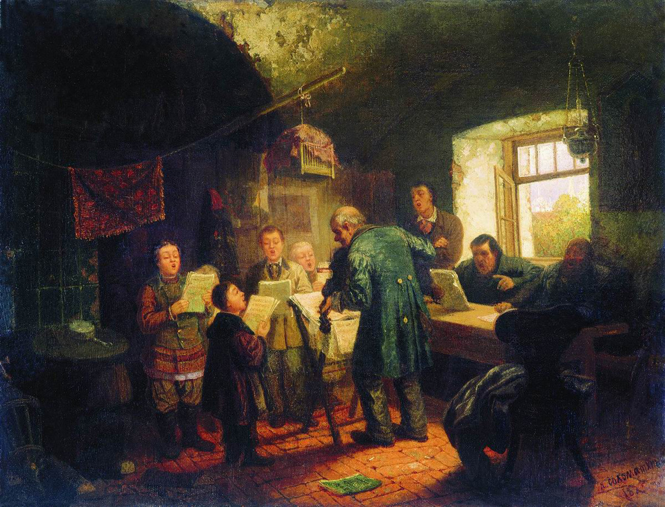 Леонид Соломаткин. «Урок пения (Спевка в сторожке церковной)», 1875.