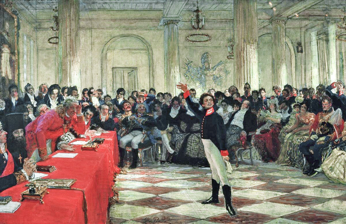 Ilya Repin painted a picture portraying Alexander Pushkin, the famous Russian poet,  passing the exam in the Tsarskoye Tselo lyceum. 