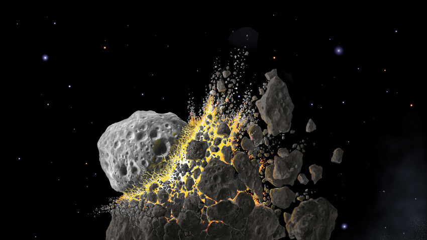Судир на астероиди, илустрација.