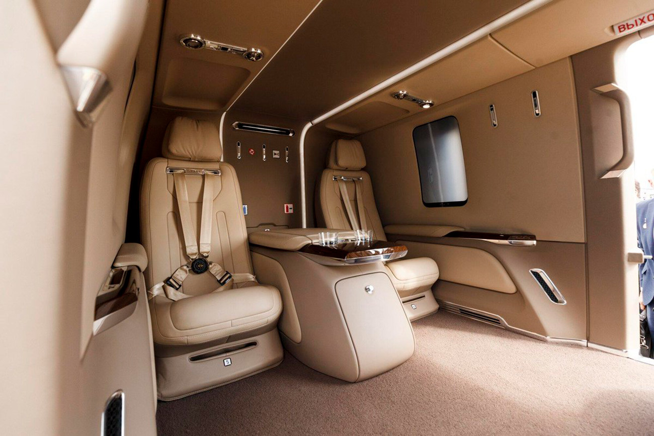 Cabin and the luxury interior of the helicopter Ansat Aurus, presented at the aerospace salon MIT Russia
